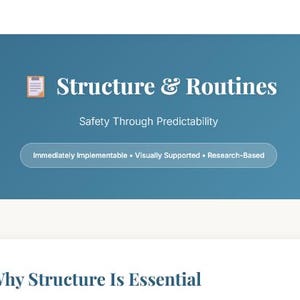 May include: A teal-colored graphic with the words "Structure & Routines" and "Safety Through Predictability." Below, a light blue bar reads "Immediately Implementable • Visually Supported • Research-Based."