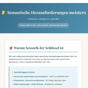 Könnte beinhalten: Ein digitales Dokument mit dem Titel "Sensorische Herausforderungen meistern" (Sensorische Herausforderungen meistern). Es enthält Informationen für Pädagogen über sensorische Verarbeitungsunterschiede bei autistischen Kindern.