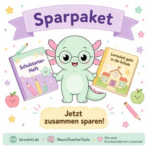 Puede incluir: Ilustración de dibujos animados con un ajolote verde con gafas, sosteniendo dos libros. Los libros se titulan "Schulstarter-Heft" y "Lernolotl geht in die Schule". La imagen incluye texto que dice "Sparpaket" y "Jetzt zusammen sparen!" con gráficos.