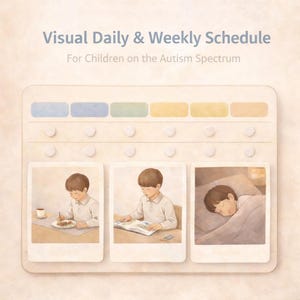 Könnte beinhalten: Ein visueller Tages- und Wochenplan für Kinder im Autismus-Spektrum. Der Plan hat eine hellbeige Tafel mit farbigen Schlitzen und drei illustrierten Karten, die tägliche Aktivitäten darstellen. Der Text "Visual Daily & Weekly Schedule" steht oben.