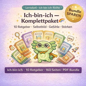 Könnte beinhalten: Ein Paket mit 10 Ratgebern mit dem Titel "Ich-bin-ich-Komplettpaket". Das Bild zeigt einen Cartoon-Axolotl-Charakter mit Brille und Umhang, umgeben von Büchern und dekorativen Elementen. Das Bundle wird als PDF beworben.