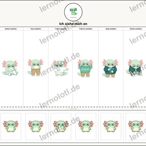 Puede incluir: Un gráfico educativo con un ajolote de dibujos animados vistiéndose. El gráfico incluye el texto en alemán "Ich ziehe mich an" e ilustraciones del ajolote con diferentes prendas, como una camiseta y una chaqueta.