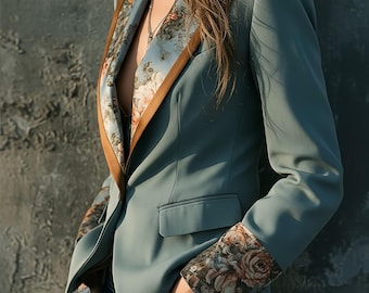 Sage Green Tailored Blazer – Floral Lined Jacket – Chic Structured Blazer – Modern Boho Elegant Jacket