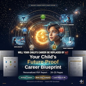 Puede incluir: Ilustración digital que promociona un servicio de plan de carrera. La imagen presenta a un niño con auriculares, rodeado de iconos que representan carreras futuras. El texto incluye "Tu Plan de Carrera a Prueba de Futuro" y "Informe PDF Personalizado".