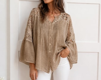 Italian Cotton Lace Top Plus Size 14-20 | Boho Summer Blouse | Loose Fit V Neck Tunic | Lightweight Holiday Beachwear Top