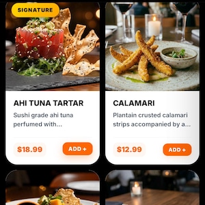 Puede incluir: Captura de pantalla de un menú de aplicación móvil para un restaurante. La aplicación muestra aperitivos, sopas, ensaladas y especialidades diarias. Los platos destacados incluyen tartar de atún Ahi y calamares. La aplicación se llama "No Wait Menu".