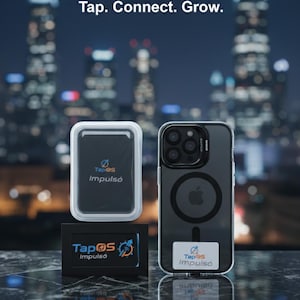 May include: An image featuring three items: a clear phone case with a black phone inside, a small black rectangular device, and a white and clear device. All items have the "TapOS Impulsó" logo. The background is a blurred cityscape with the text "Upgrade Your Network. Tap. Connect. Grow."