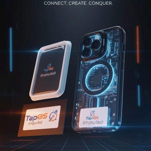 May include: A promotional image featuring a phone case and a separate accessory, both branded with "TapOS Impulsó." The phone case is transparent, showcasing internal circuitry with blue neon accents. The text "CONNECT. CREATE. CONQUER." is displayed above the products.