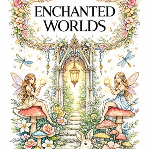 以下が含まれることがあります： 「Enchanted Worlds」というタイトルの大人向け塗り絵本の詳細なイラスト。表紙には、妖精、キノコ、ウサギ、花のアーチのあるファンタジーシーンが描かれています。「Digital Download」という文字も表示されています。