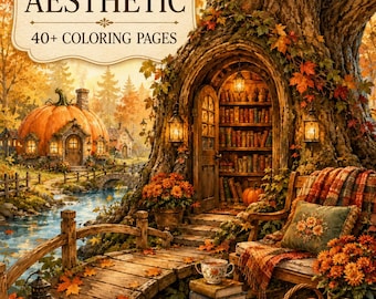 May include: A colouring book cover titled AUTUMN AESTHETIC 40+ COLOURING PAGES featuring a detailed illustration of a tree trunk library with a wooden bridge, a pumpkin house, a bench with a plaid blanket, a basket of apples, and autumn foliage.