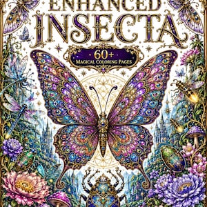 Puede incluir: Portada del libro para colorear "Enhanced Insecta" con una gran ilustración de mariposa en el centro. La portada presenta colores vibrantes, incluyendo morado, azul y dorado, con elementos adicionales de insectos y flores.