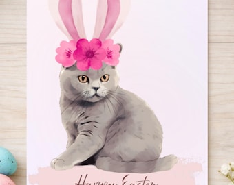 Cat with Bunny Ears Floral Easter Card, Pastel Watercolor Art (Digital Download)
