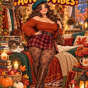 May include: A coloring book cover titled Curvy Girl Autumn Vibes featuring an illustration of a person with long wavy hair wearing a teal beret, an orange off-the-shoulder sweater, a red plaid skirt, leaf-patterned tights, and brown boots.
