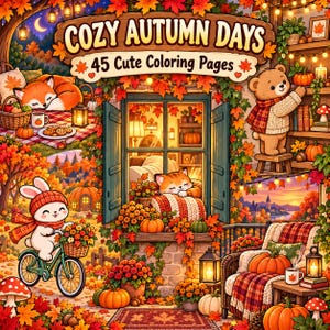 May include: A colouring book cover titled COZY AUTUMN DAYS 45 Cute Colouring Pages featuring illustrations of a fox, a bear, and a rabbit in an autumn setting with pumpkins, fall foliage, lanterns, and a window scene with warm lighting.