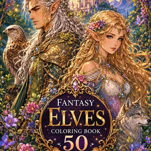 Peut inclure: Une couverture de livre de coloriage fantastique montrant un elfe aux longs cheveux blancs avec un faucon, et une elfe aux longs cheveux blonds avec un loup. Le texte indique : FANTASY ELVES COLORING BOOK 50 COLORING PAGES. BEAUTIFUL CHARACTERS • MAGICAL WORLDS • ENDLESS INSPIRATION.
