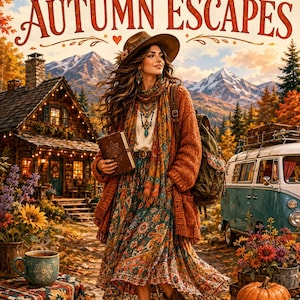 May include: A colouring book titled BOHO HIPPIE AUTUMN ESCAPES with 30+ colouring pages. The cover features a person in a wide-brimmed hat, orange cardigan, and patterned skirt holding a book, standing near a cabin, a van, and pumpkins.
