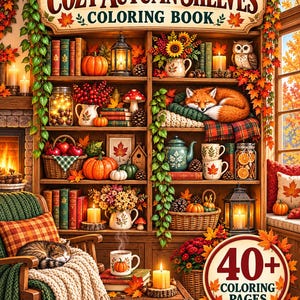 以下が含まれることがあります： Cozy Autumn Shelvesというタイトルの塗り絵。木製の棚にはカボチャ、ランタン、キャンドル、本、植物、眠っているキツネ、椅子に座る猫が描かれています。表紙には40+ Coloring Pagesという文字が円形のバッジで表示されています。