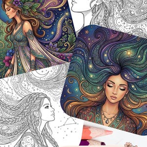 Pode incluir: Um download digital com quatro ilustrações de mulheres com cabelos longos, adornadas com elementos celestiais e florais. Uma imagem é em preto e branco, enquanto as outras são vibrantes com azuis, roxos e verdes. O texto diz "56 páginas para colorir, Download digital."