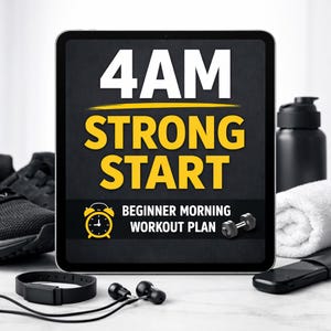Peut inclure: Une tablette affiche "4 AM STRONG START" avec le texte "Beginner Morning Workout Plan". Accessoires : baskets noires, bouteille d'eau, serviette blanche roulée, haltères, bracelet de fitness et écouteurs.