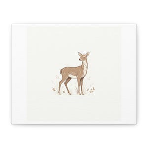 Puede incluir: Impresión en lienzo que presenta una ilustración estilizada de un ciervo. El ciervo está representado en tonos marrones y beige, de pie entre ilustraciones de plantas sencillas. El fondo es de un color blanco roto suave, creando una estética minimalista.