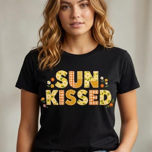 Sun Kissed PNG, Yellow Patchwork T-shirt Design, Quilt Texture Letters, Daisy Floral Fabric Art, Summer Sublimation Digital Download File