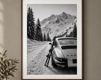 Vintage Car Snow Road Print, Alpine Ski Lodge Decor (Black & White)