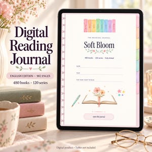May include: A digital reading journal displayed on a tablet screen titled Soft Bloom, featuring a row of pastel book spines, a floral illustration, and text indicating 480 books and 120 series. The interface includes navigation tabs and a button labelled open the journal.