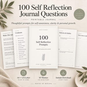 Puede incluir: Un diario imprimible titulado 100 Self Reflection Journal Questions que presenta páginas con indicaciones para la autoconciencia, la claridad y el crecimiento personal. El diseño incluye una tabla de contenido, una portada y páginas con líneas.
