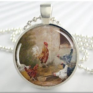 Rooster Hens Pendant, Bird Jewelry, Free Range Rooster, Farm Yard Chicken Art, Farm Necklace, Gift Under 20, Round Silver 108RS