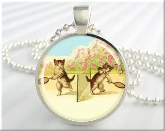 Tennis Kittens Pendant, Art Necklace, Cat Jewelry, Resin Kitty Charm, Cat Lover Gift, Round Silver, Gift Under 20, Tennis Player Gift 215RS