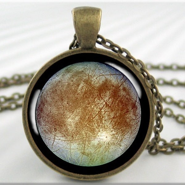 Europa Moon Pendant, Jupiter Moon Europa, Cassini Probe Picture, Resin Jewelry, Space Gift, Round Bronze, Gift For Space Geek 732RB