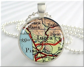 Lucca Italy Map Pendant, Resin Charm, Pisa Italy Map Necklace, Picture Jewelry, Gift Under 20, Map Charm, Travel Gift, Round Silver 687RS