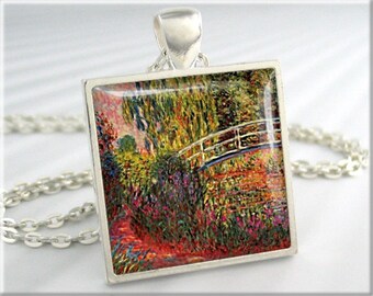 Monet Japanese Bridge Pendant, Water Lily Pond, Claude Monet Water Irises, Art Necklace, Garden Art Charm, Gift Under 20 740SS