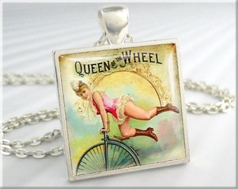 Unicycle Necklace Charm, Vintage Bicycle Ad Pendant, Resin Jewelry, Queen Wheel Bike Necklace, Square Silver, Bicyclist Gift 126SS