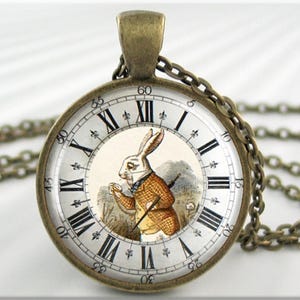 Alice in Wonderland White Rabbit Clock Pendant Necklace, Resin Picture Jewelry Fantasy Gift 257RB