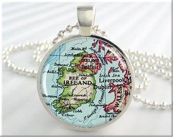 Ireland Map Pendant, Resin Map Charm, Irish Map Necklace Gift, Picture Jewelry, Resin Pendant, Gift Under 20, Silver Round 768RS