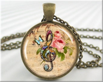 Treble Clef Pendant, Music Note Pendant, Resin Picture Jewelry, Music Staff Necklace, Gift Under 20, Gift For Musician 312RB