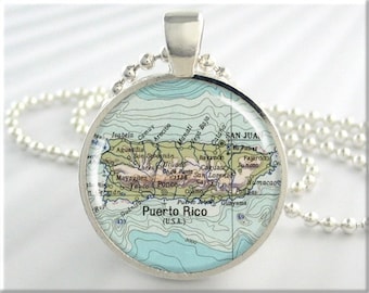 Puerto Rico Map Pendant, Resin Charm, Map Necklace, Resin Picture Pendant, Map Charm, Gift Under 20, Travel Gift, Round Silver 386RS