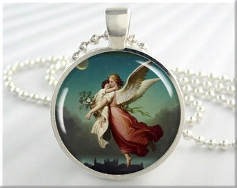 Guardian Angel Pendant, Wilhelm Von Kaulbach Art Charm, Resin Angel Necklace, Picture Jewelry, Round Silver, Spiritual Gift 205RS