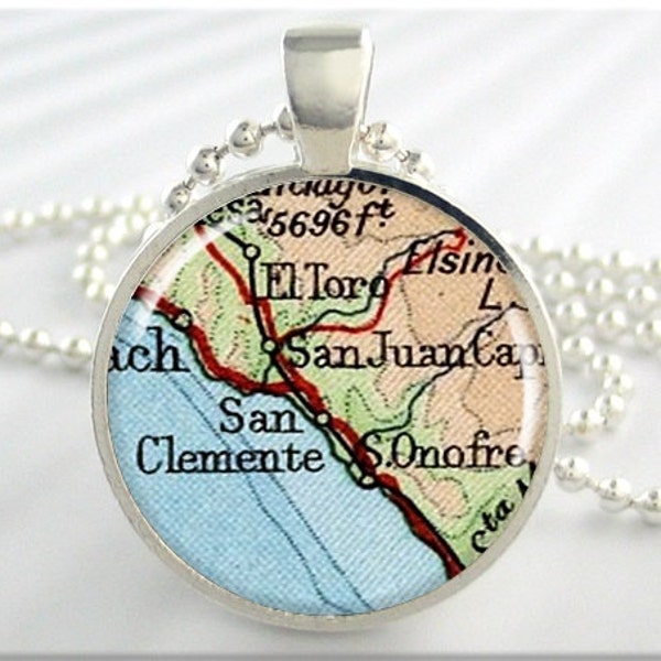 San Clemente Map Pendant, Resin Map Charm, Vintage California Map Necklace, Resin Pendant, Gift Under 20, Round Silver Pendant 723RS