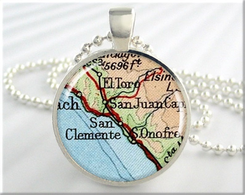 San Clemente Map Pendant, Resin Map Charm, Vintage California Map Necklace, Resin Pendant, Gift Under 20, Round Silver Pendant 723RS image 1