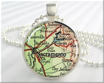 Sacramento Map Pendant, Resin Charm, Sacramento California Map Necklace, Picture Jewelry, Gift Under 20, Round Silver, Map Charm 661RS