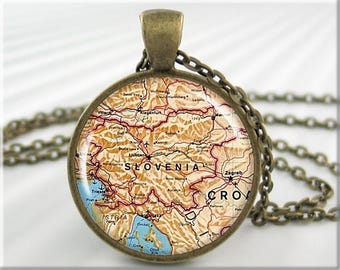 Slovenia Map Pendant: Bronze Resin Charm Necklace 631RB