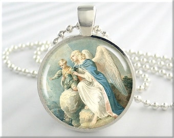 Angel Art Pendant, Resin Charm, Guardian Angel Necklace, Resin Picture Jewelry, Gift Under 20, Round Silver, Spiritual Gift 414RS