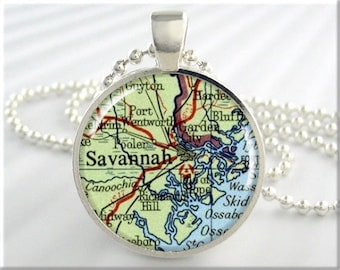 Savannah Map Pendant, Resin Charm, Savannah Georgia Map Necklace, Picture Jewelry, Gift Under 20, Round Silver, Travel Gift 437RS