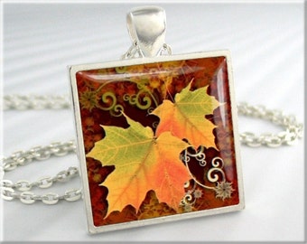 Fall Leaves Necklace, Autumn Leaves Jewelry, Fall Season Necklace, Resin Charm, Square Silver, Fall Colors, Art Pendant, Thanksgiving 006SS