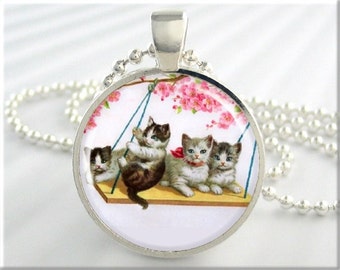 Kitten Art Pendant, Cat Jewelry, Tree Swing Kittens Necklace, Resin Pendant, Round Silver, Gift For Cat Lover, Swing Set 218RS