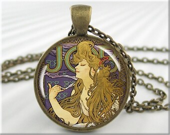 Alphonse Mucha Art Nouveau Pendant Necklace: Bronze Resin Charm, Vintage Ad Gift 374RB