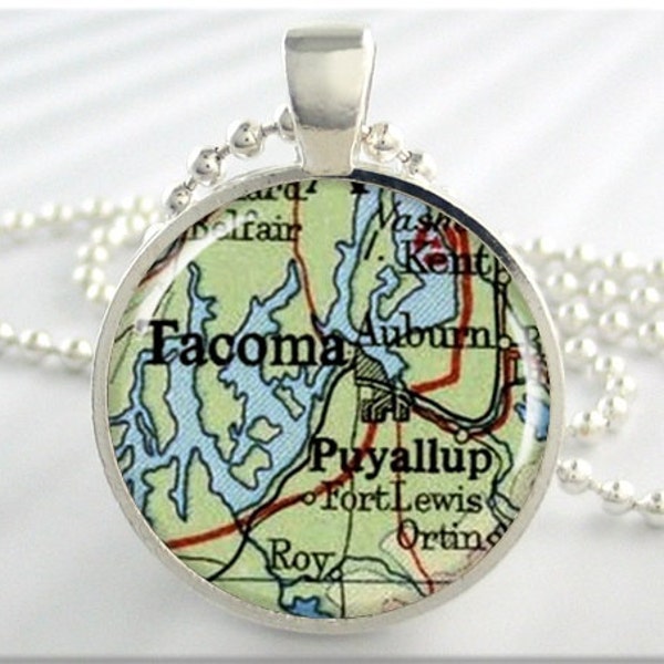 Tacoma Map Pendant, Resin Charm, Tacoma Washington Map Necklace, Gift Under 20, Picture Jewelry, Round Silver, Map Charm 085RS