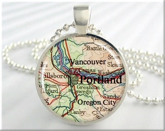 Portland Map Pendant, Resin Charm, Portland Oregon Map, Gift Under 20, Picture Jewelry, Round Silver 355RS